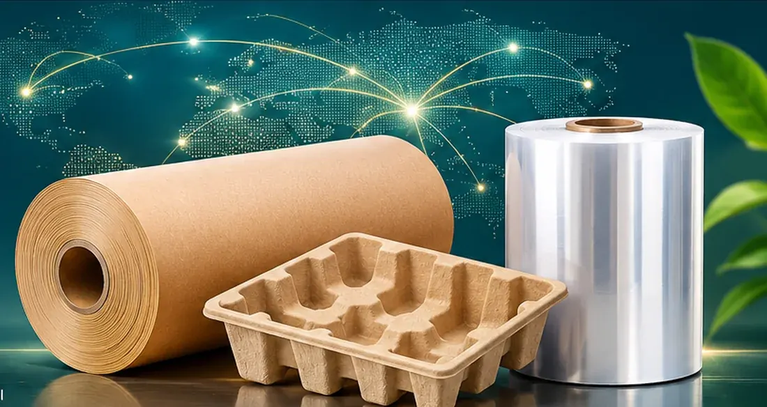 Illustrative display of kraft paper roll, moulded pulp tray and shrink wrap film with world sourcing backdrop